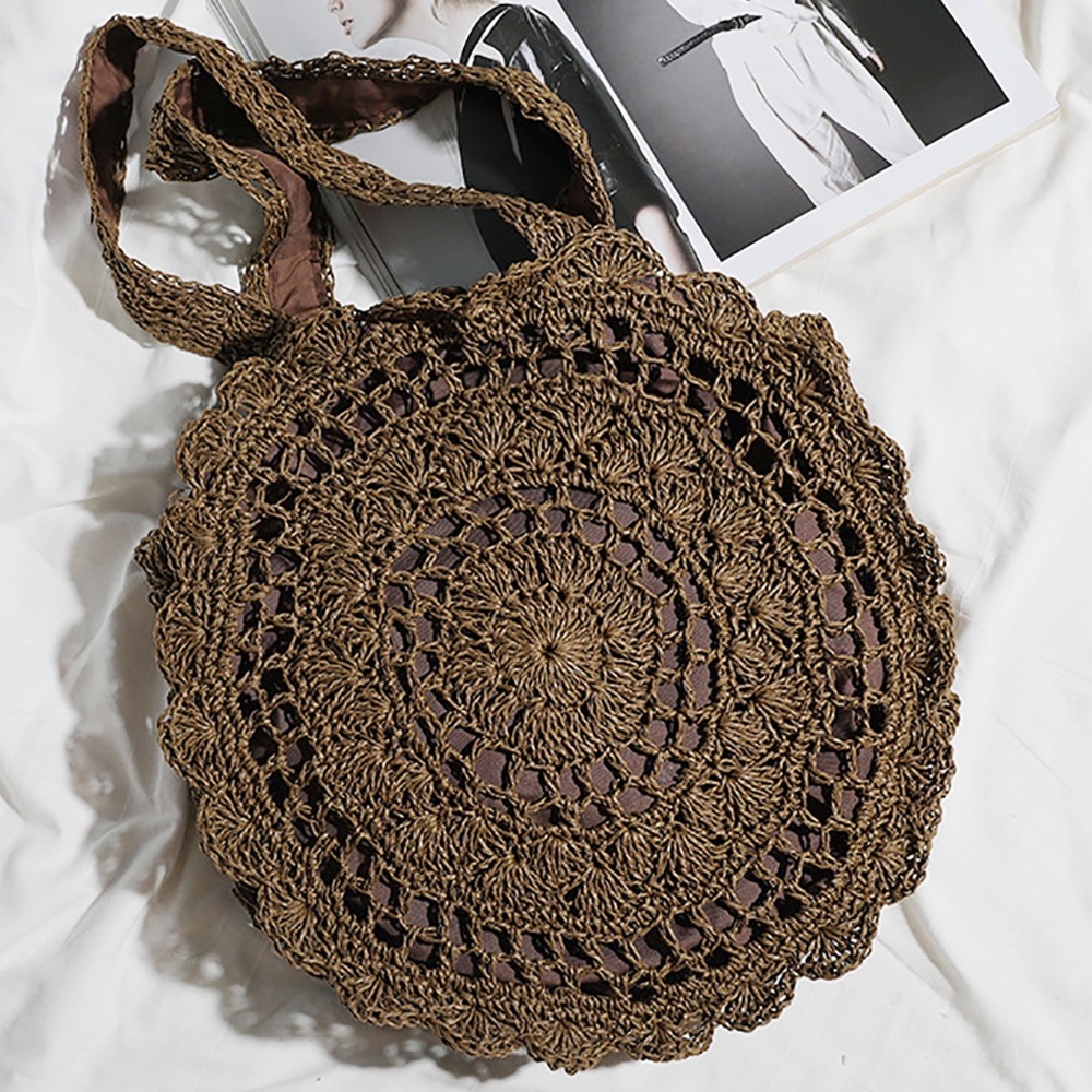 Boho Coffee Brown Straw Round Bag - Picture 4 of 7